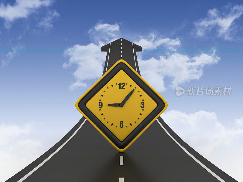 道路箭头与道路标志与时钟- 3D渲染